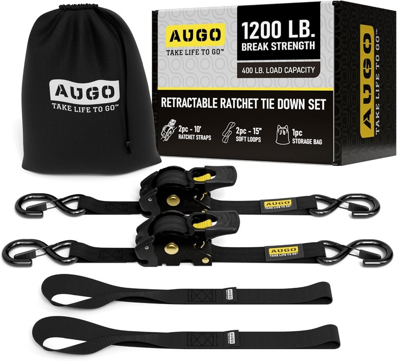 AUGO Retractable Ratchet Straps | 2 Heavy Duty Ratchet Straps Self Retractable Tie Downs with Soft Loops & Storage Bag for Motorcycle, Truck, Trailer, Cargo Van | 1200 Lb Break Strength 1” x 10’ - Image 1